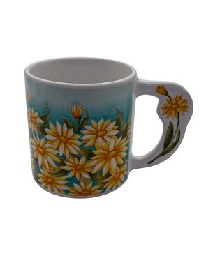 Vintage Russ Berrie Sunflower Daisy Mug Aqua Blue Floral Korea 8906
